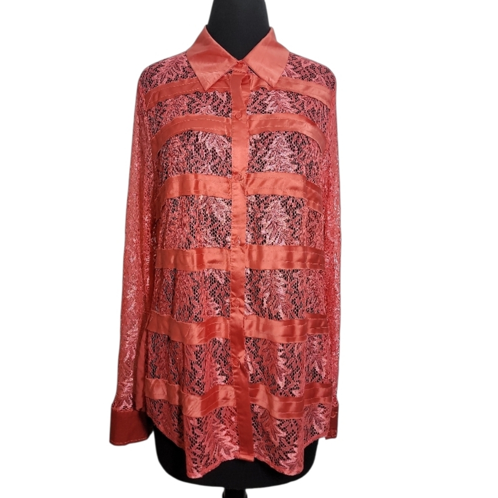 BKE Boutique women's orange lace chiffon satin trim button front semi sheer L